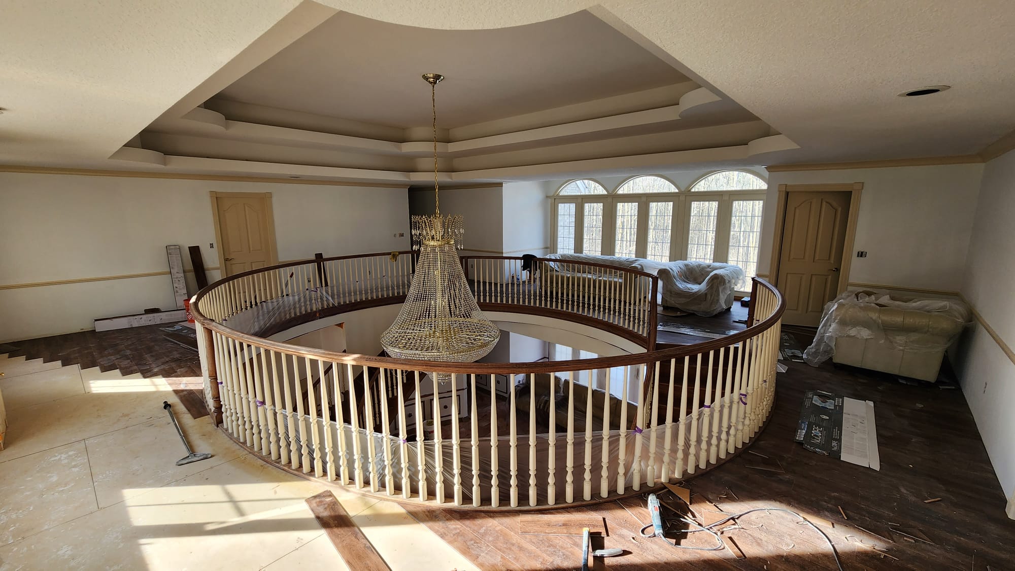 Circular balcony railing with chandelier